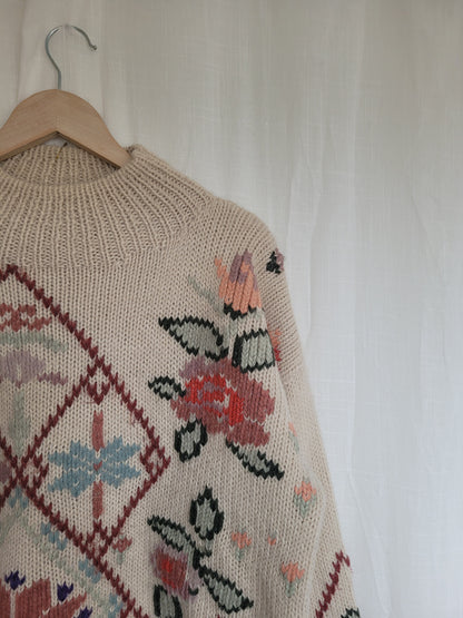 💗 Frosted Bloom Dreamscape - vintage knitted sweater with flowers and snowflakes - size XL