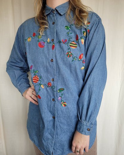 🎄 Festive Glow - vintage denim shirt with embroidered Christmas lights - size L