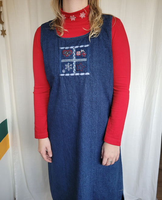 🎁 Gifted Squares - vintage denim pinafore dress with embroidered details - size L