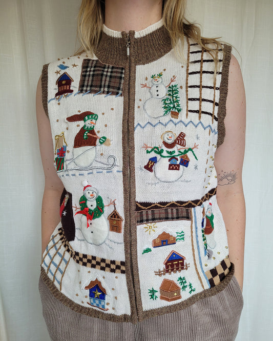 🧣 Snowfolk Stroll - vintage vest with embroidered/patchwork snowmen - size XL