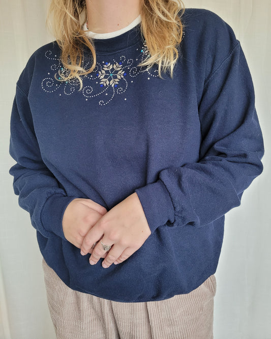 ❄️ Blue Frost Gems - vintage dark blue crewneck sweater with snowflakes - size L