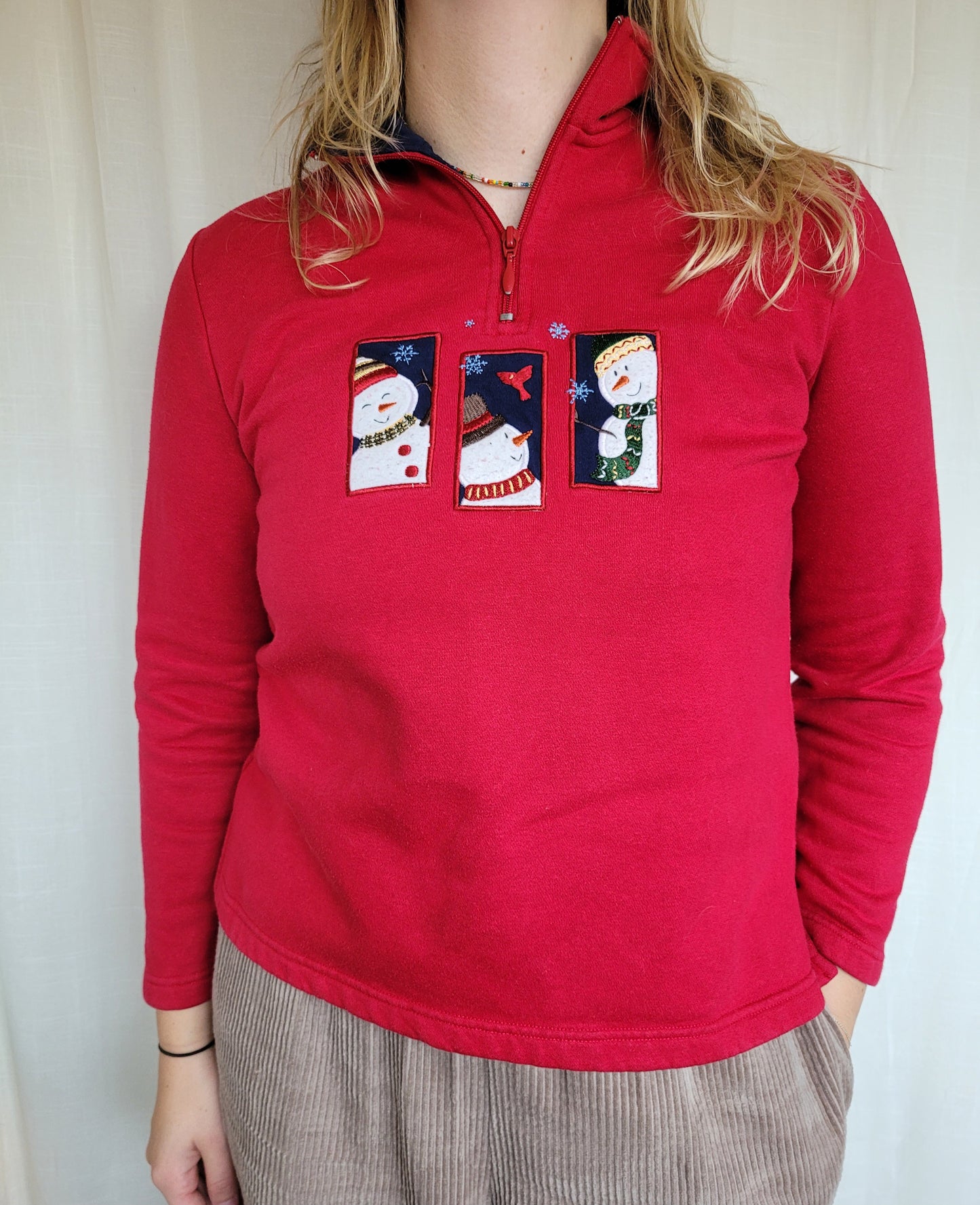 ❄️ Frosty Trio - vintage crewneck with zipper and embroidered snowmen - size S