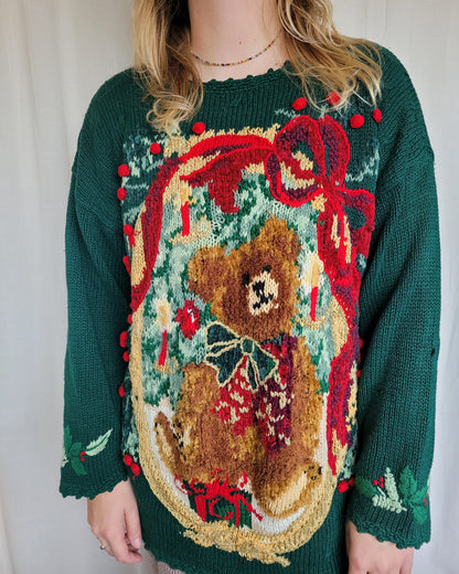 ✨ The Berry Bear’s Christmas Tale - vintage knitted sweater with teddy bear and red bow - size L