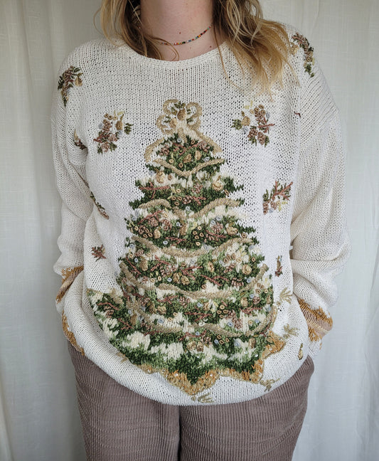 🎶 O Christmas Tree, O Christmas Tree - vintage knitted Christmas sweater with Christmas tree - size L/XL