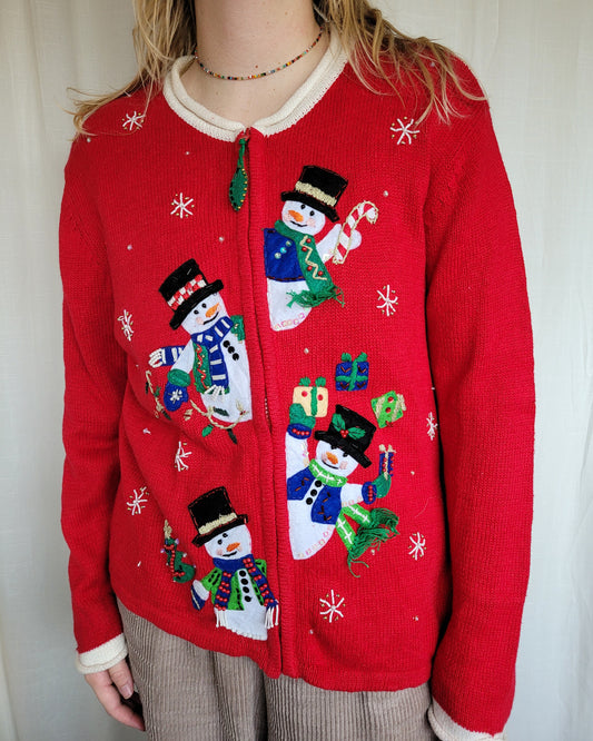☃️ Peek-A-Snow! - vintage knitted cardigan with snowmen along the zipper - size M/L