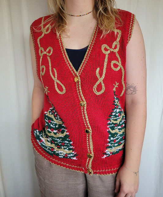 🌟 Gold-Tipped Evergreen Tales - vintage knitted vest with Christmas trees and golden details - size L/XL