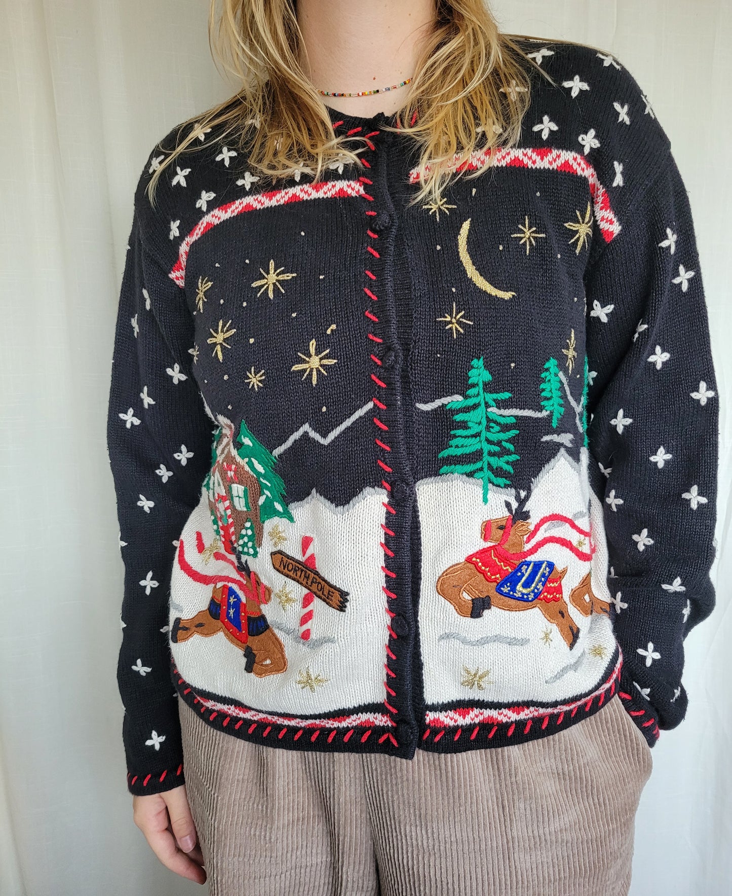✨ Starlit Sleigh Ride - vintage knitted cardigan with reindeer - size L