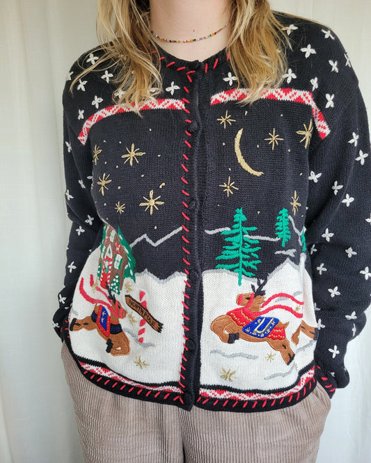 ✨ Starlit Sleigh Ride - vintage knitted cardigan with reindeer - size L