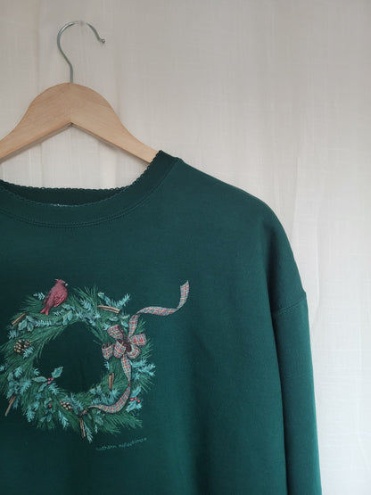 ❤️ Cardinal Christmas Wreath - vintage dark green crewneck sweater with wreath and red birds - size XL