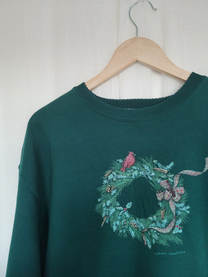 ❤️ Cardinal Christmas Wreath - vintage dark green crewneck sweater with wreath and red birds - size XL