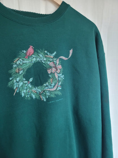 ❤️ Cardinal Christmas Wreath - vintage dark green crewneck sweater with wreath and red birds - size XL