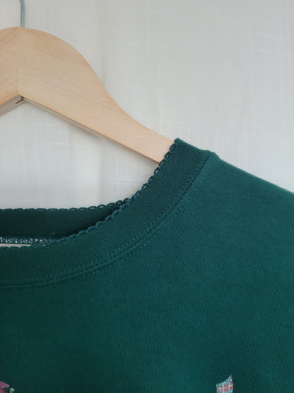 ❤️ Cardinal Christmas Wreath - vintage dark green crewneck sweater with wreath and red birds - size XL