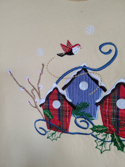 ✨ The Winter Birdhouses of Evergreen Village - vintage christmas butteryellow crewneck sweater - size L/XL