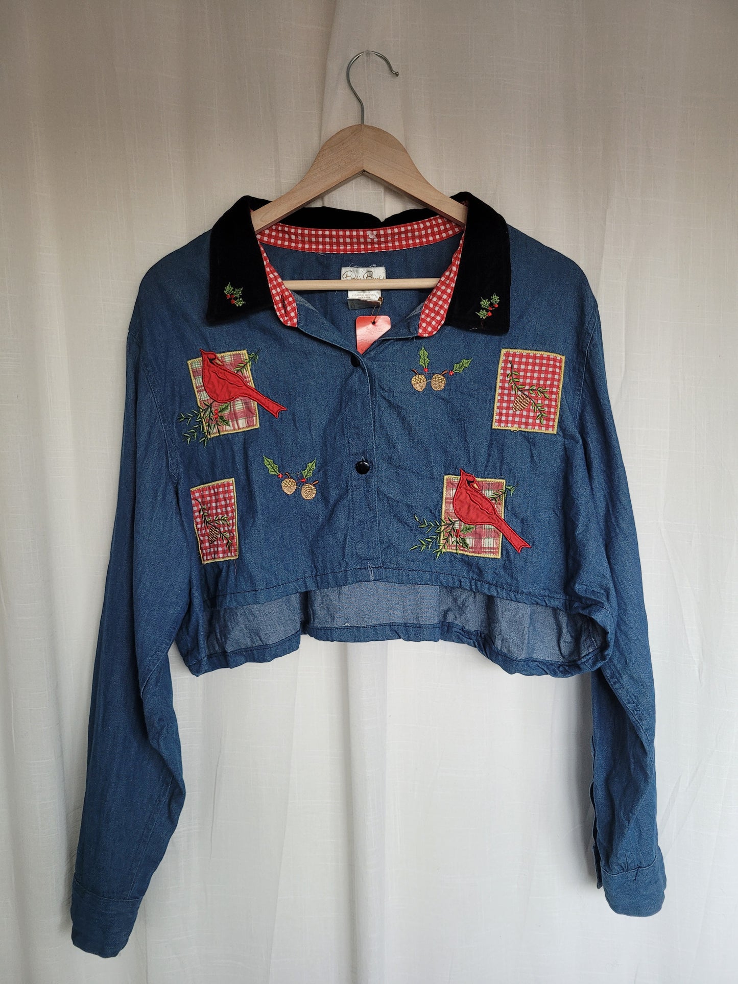 💙 Winter Songbird - vintage cropped/reworked denim blouse with christmas details - size XL/XXL