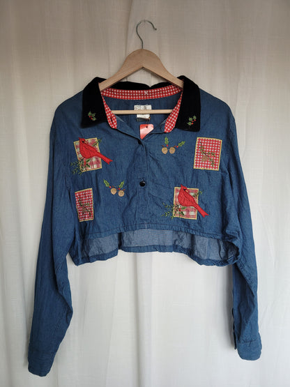 💙 Winter Songbird - vintage cropped/reworked denim blouse with christmas details - size XL/XXL