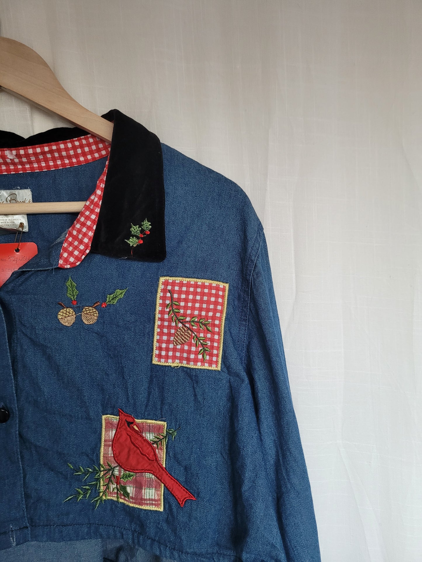 💙 Winter Songbird - vintage cropped/reworked denim blouse with christmas details - size XL/XXL