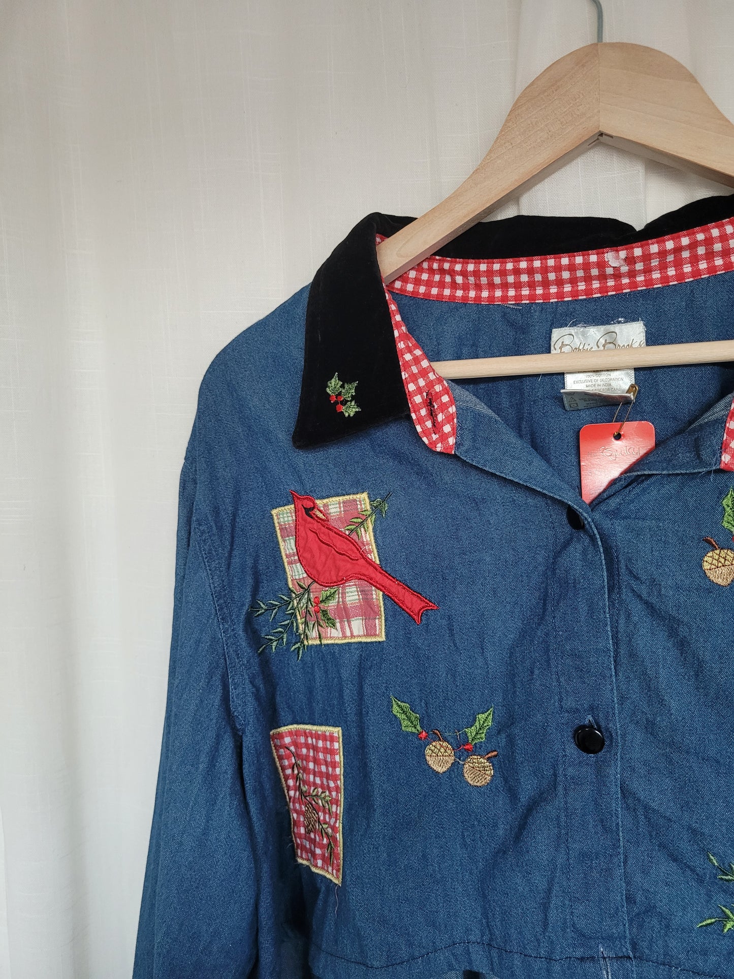 💙 Winter Songbird - vintage cropped/reworked denim blouse with christmas details - size XL/XXL
