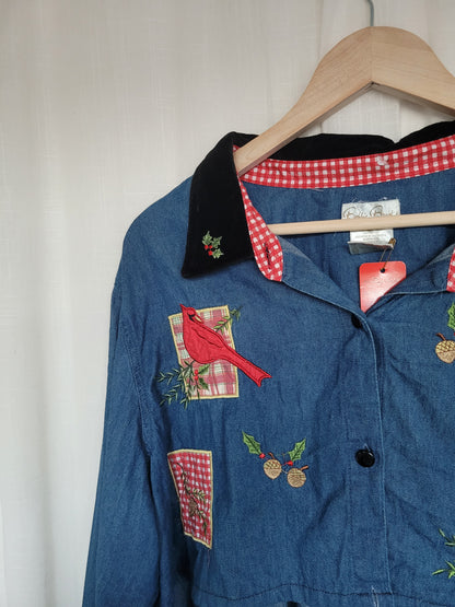 💙 Winter Songbird - vintage cropped/reworked denim blouse with christmas details - size XL/XXL