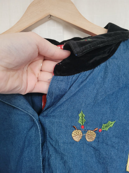 💙 Winter Songbird - vintage cropped/reworked denim blouse with christmas details - size XL/XXL