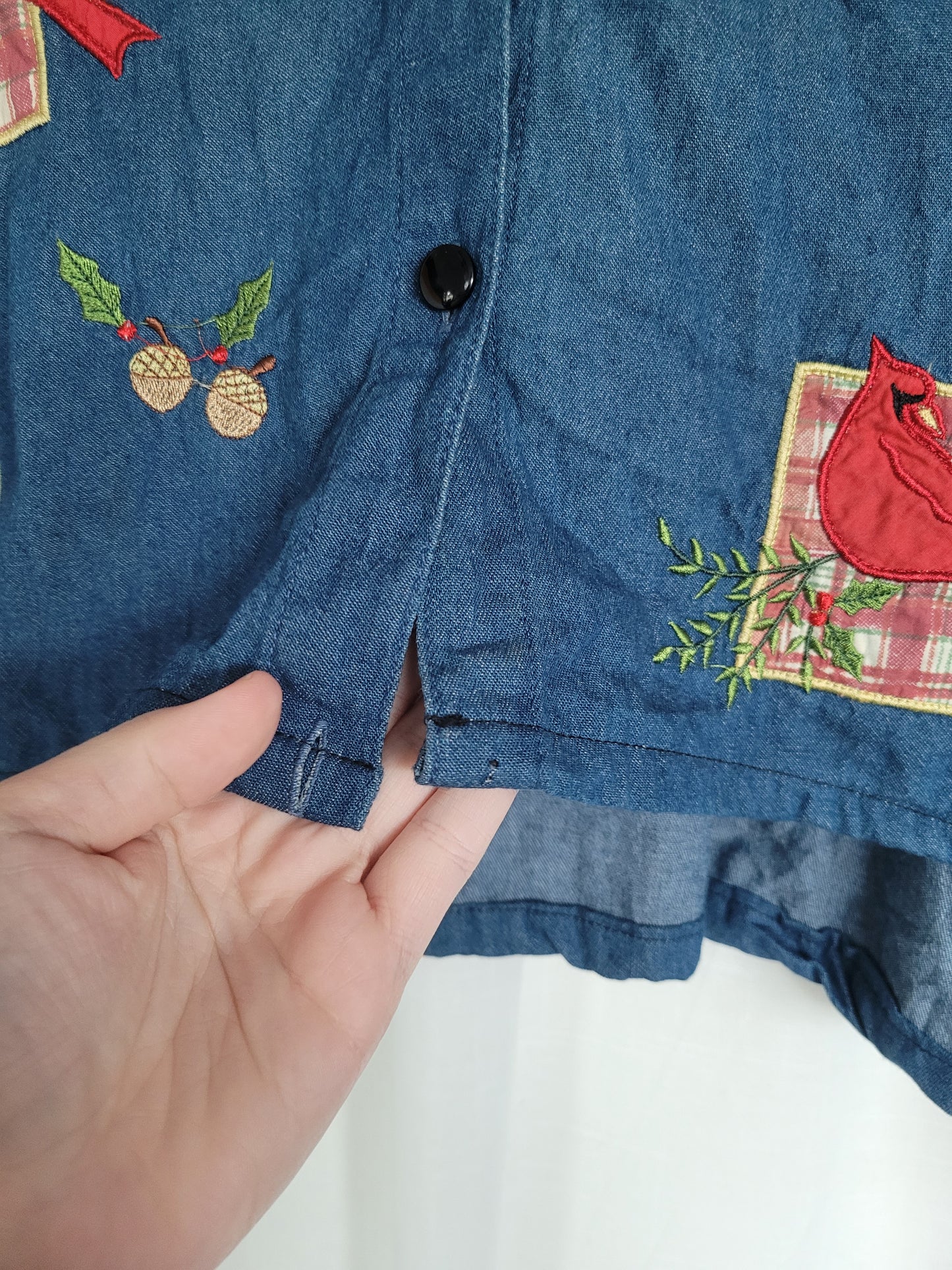 💙 Winter Songbird - vintage cropped/reworked denim blouse with christmas details - size XL/XXL
