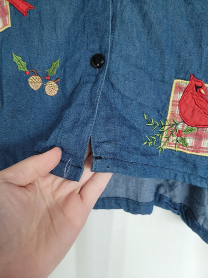 💙 Winter Songbird - vintage cropped/reworked denim blouse with christmas details - size XL/XXL