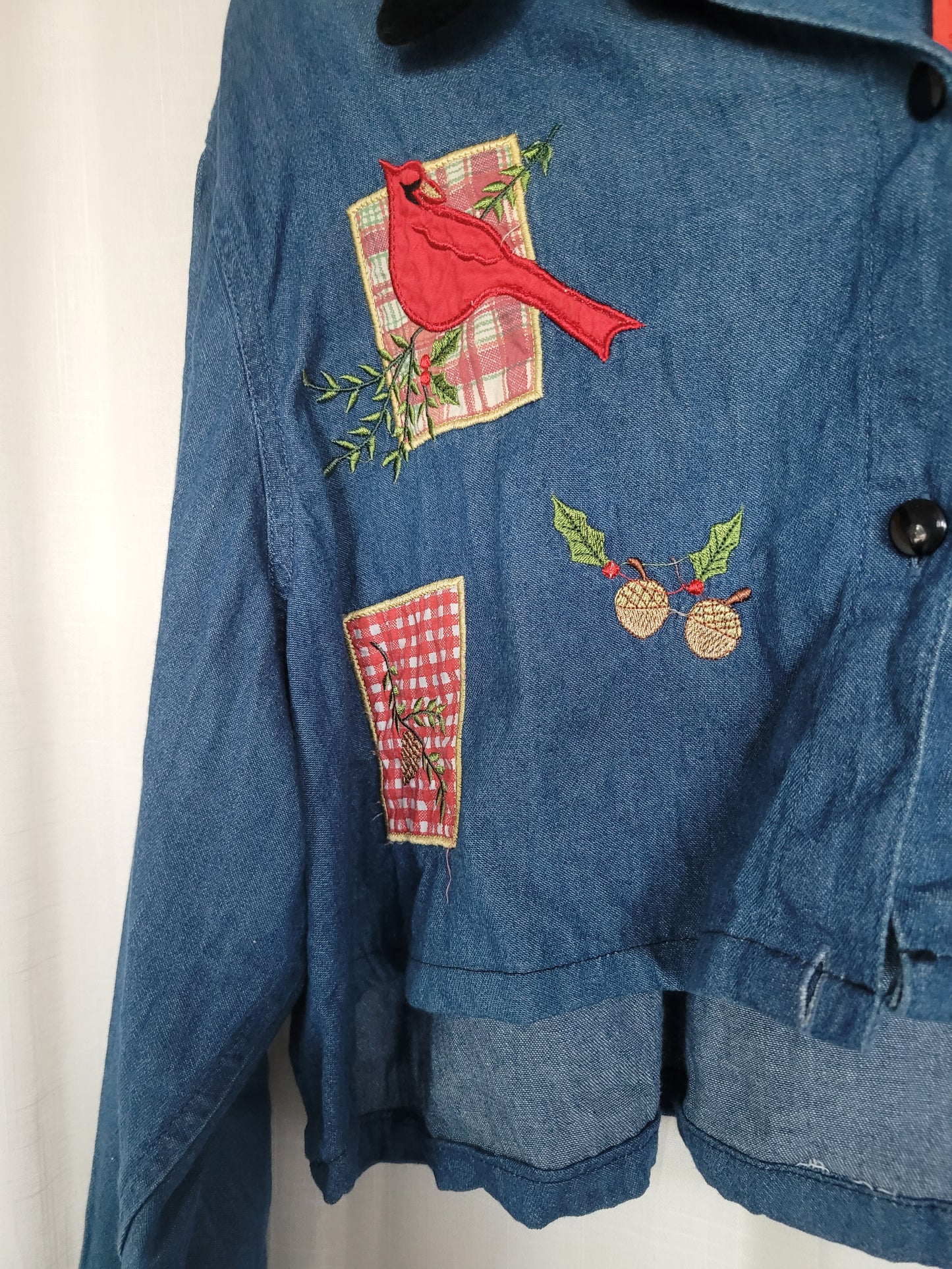 💙 Winter Songbird - vintage cropped/reworked denim blouse with christmas details - size XL/XXL