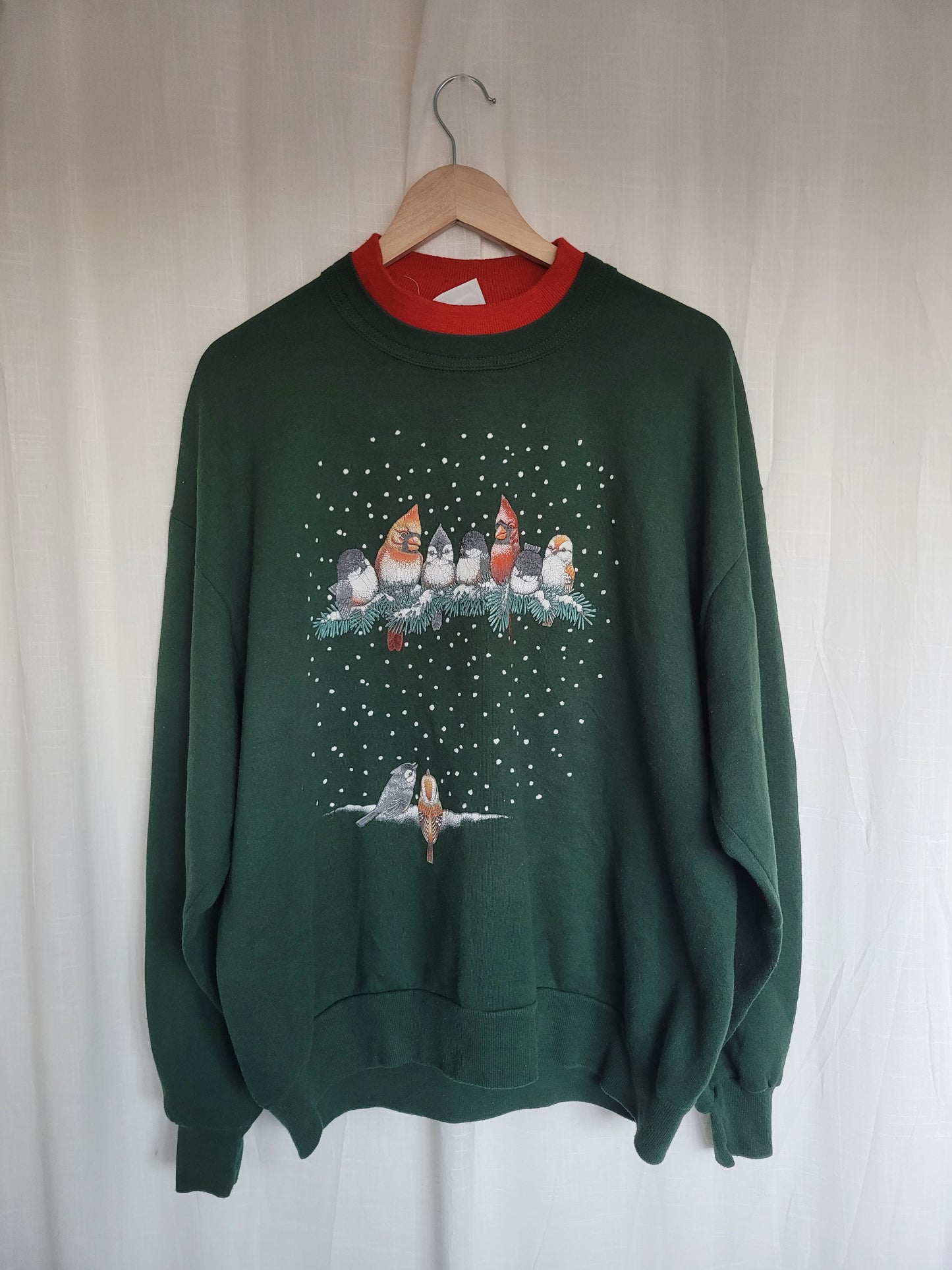 ❄️ Snowflake Songbirds - vintage dark green crewneck sweater with bird print - size XL