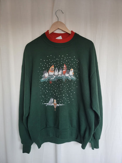 ❄️ Snowflake Songbirds - vintage dark green crewneck sweater with bird print - size XL