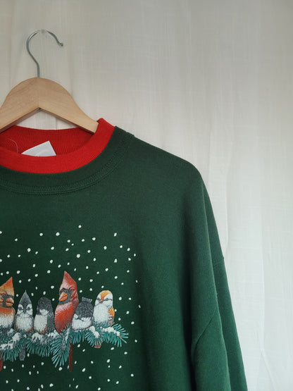 ❄️ Snowflake Songbirds - vintage dark green crewneck sweater with bird print - size XL