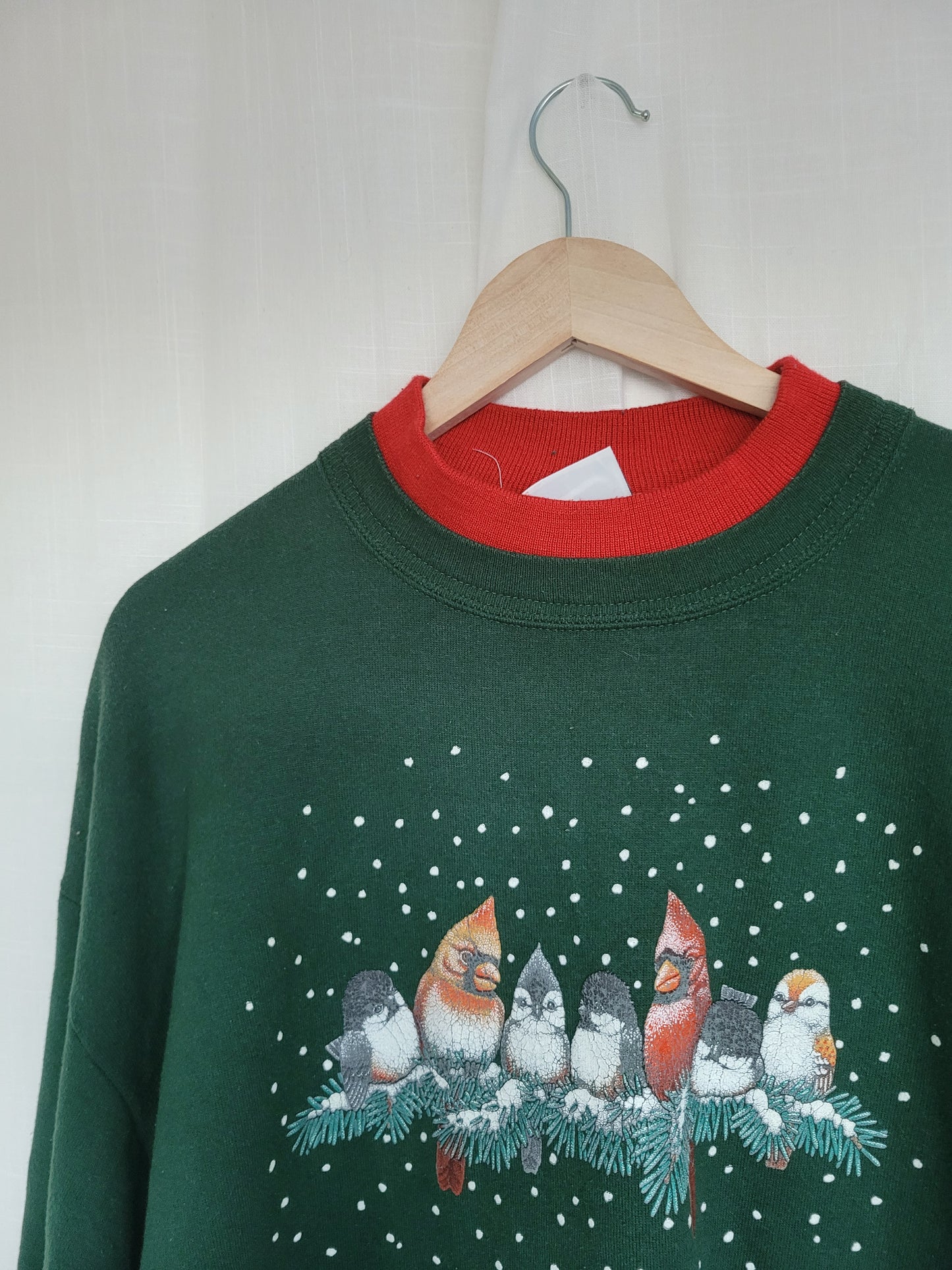 ❄️ Snowflake Songbirds - vintage dark green crewneck sweater with bird print - size XL
