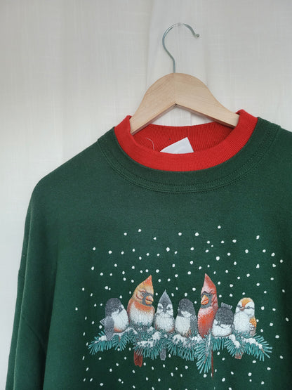 ❄️ Snowflake Songbirds - vintage dark green crewneck sweater with bird print - size XL