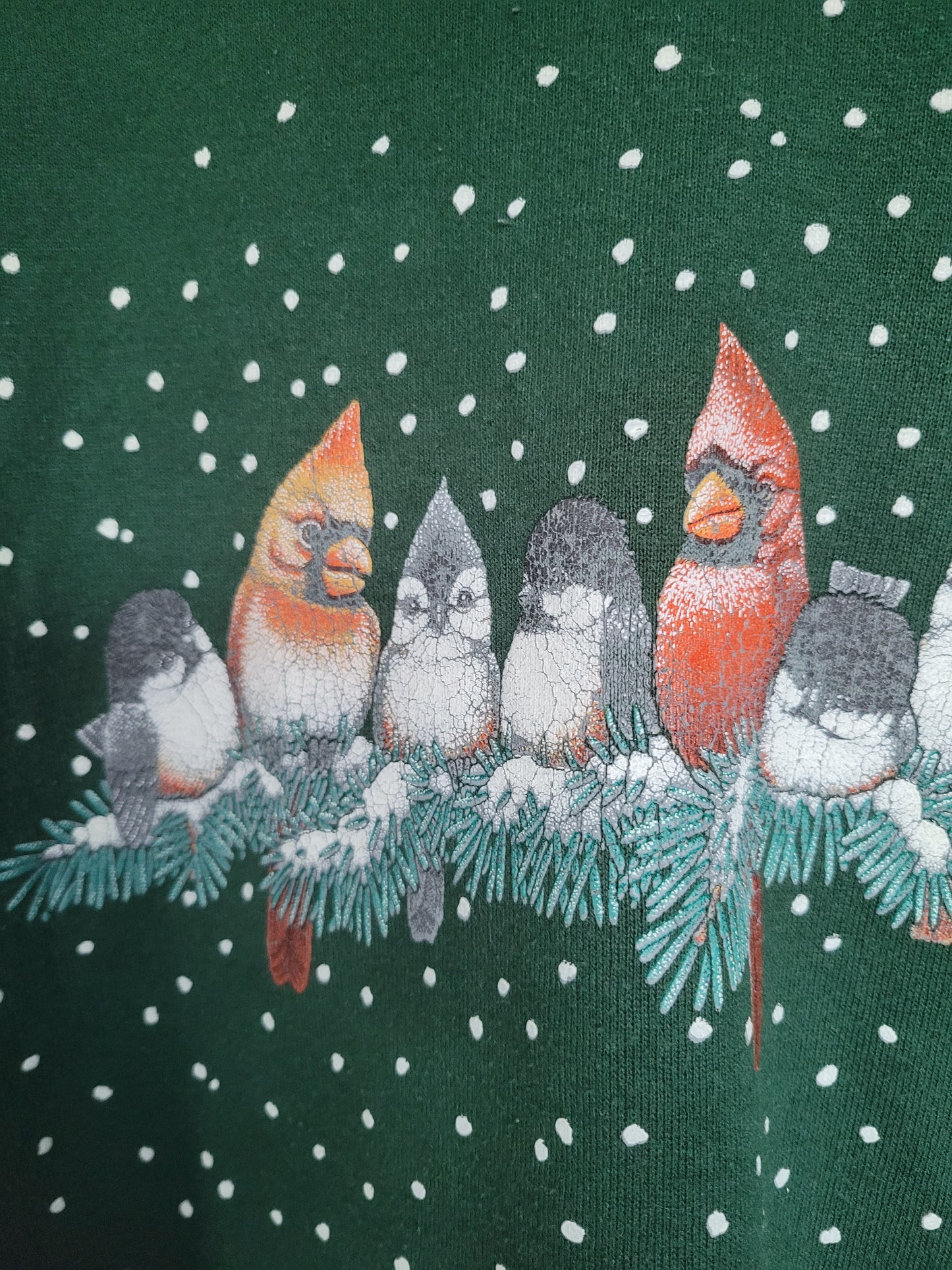 ❄️ Snowflake Songbirds - vintage dark green crewneck sweater with bird print - size XL