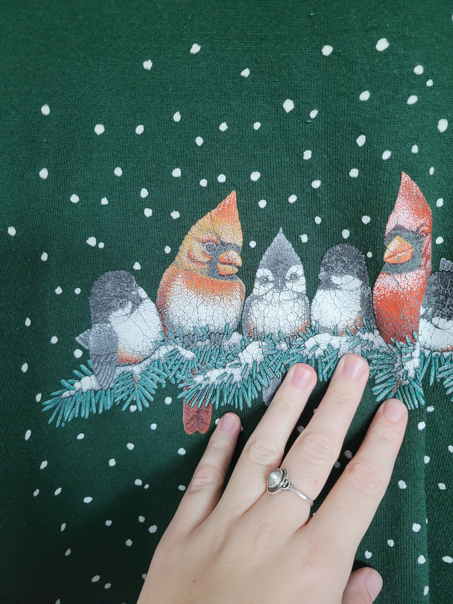 ❄️ Snowflake Songbirds - vintage dark green crewneck sweater with bird print - size XL