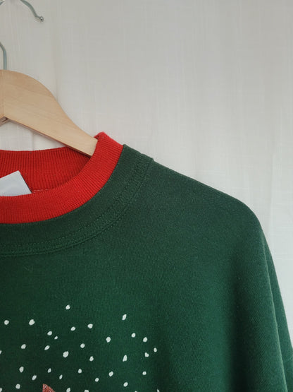 ❄️ Snowflake Songbirds - vintage dark green crewneck sweater with bird print - size XL