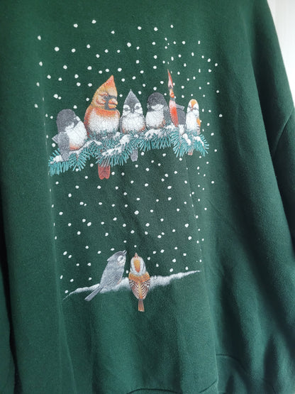 ❄️ Snowflake Songbirds - vintage dark green crewneck sweater with bird print - size XL