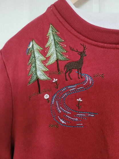 ❄️ Snowfield Stag - vintage red crenweck sweater with embroidered details - L/XL