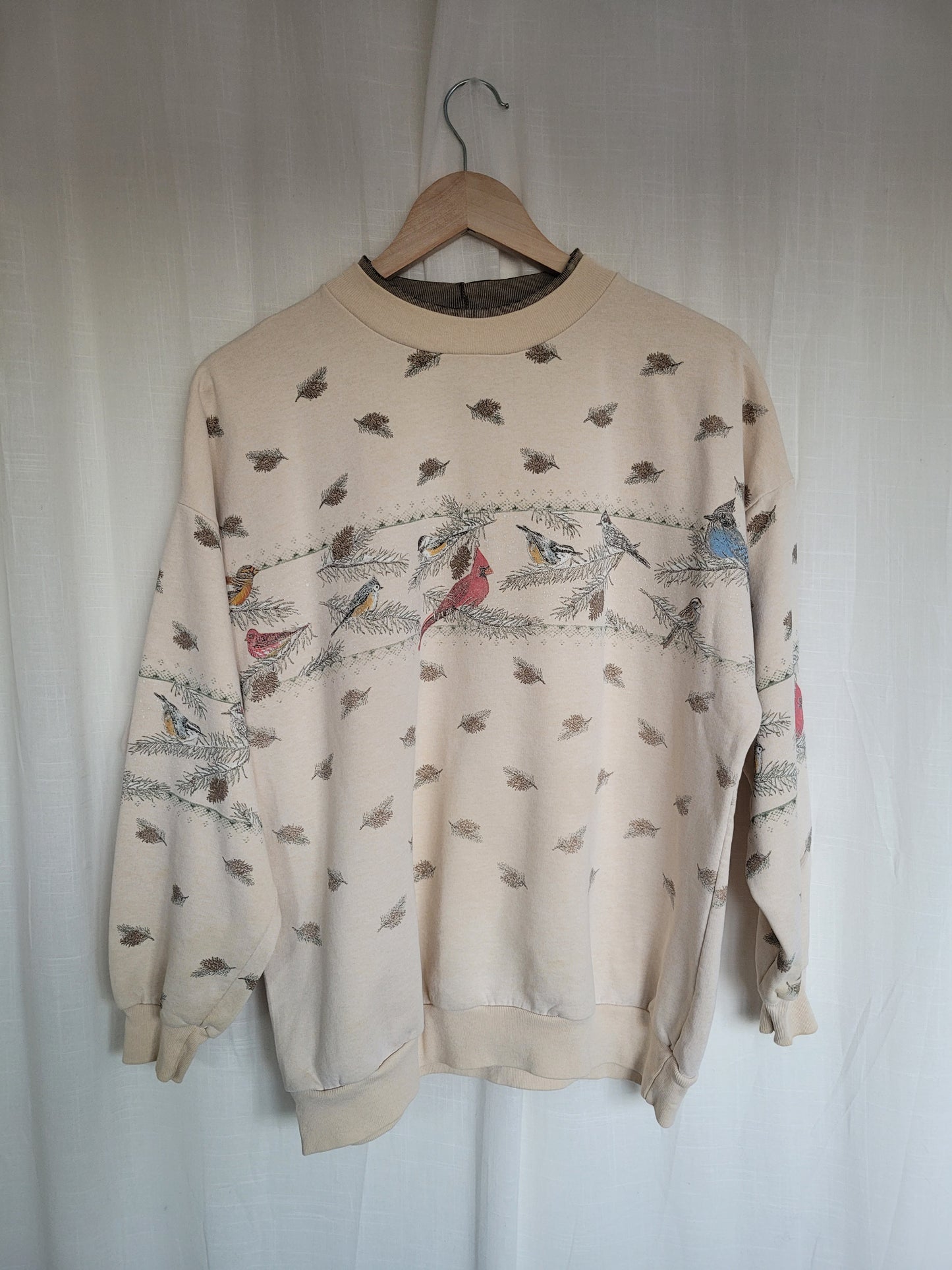 ✨ Snowy Twig Chorus - vintage light yellow crewneck sweater with birds on branches - size L