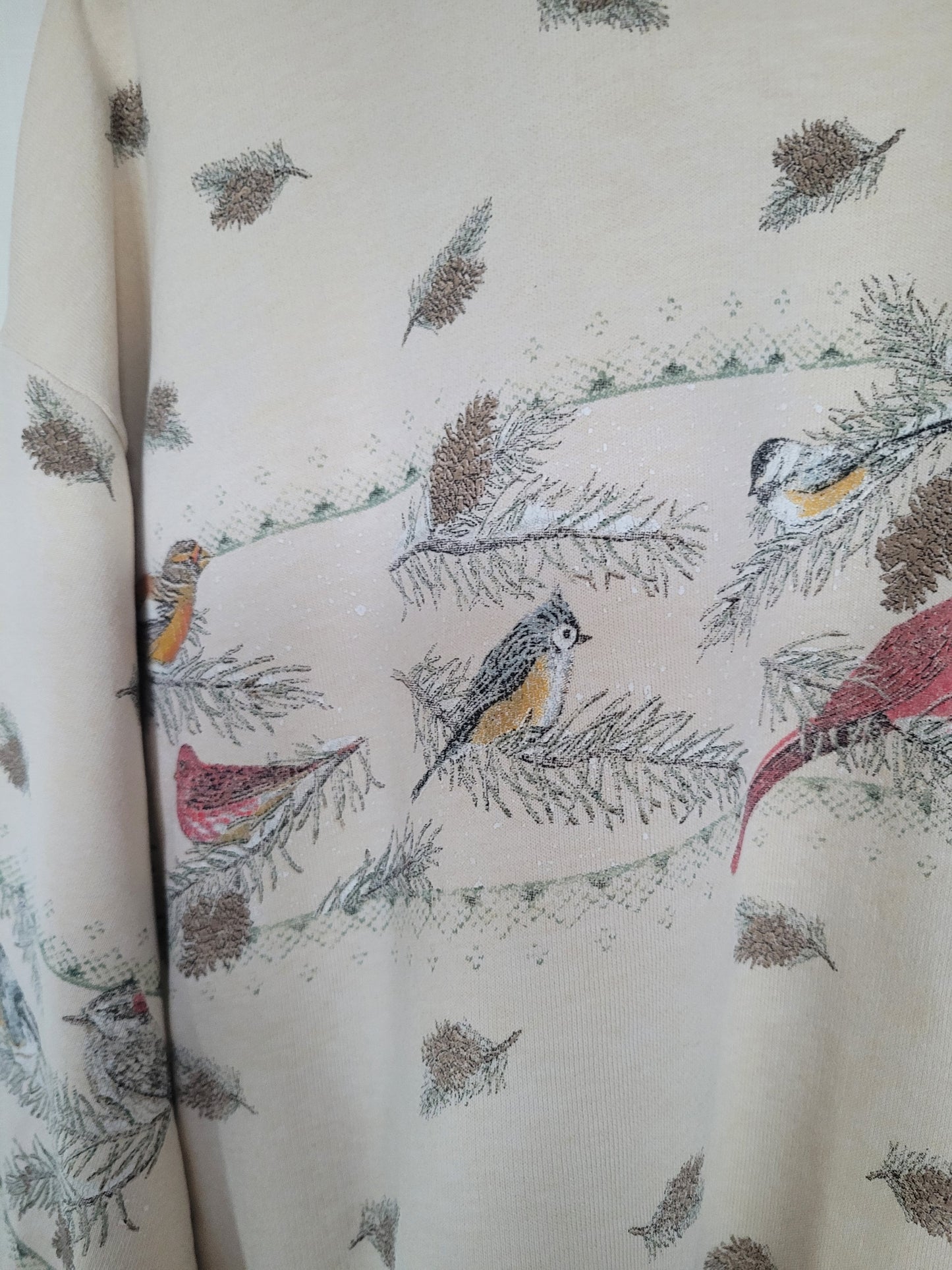 ✨ Snowy Twig Chorus - vintage light yellow crewneck sweater with birds on branches - size L