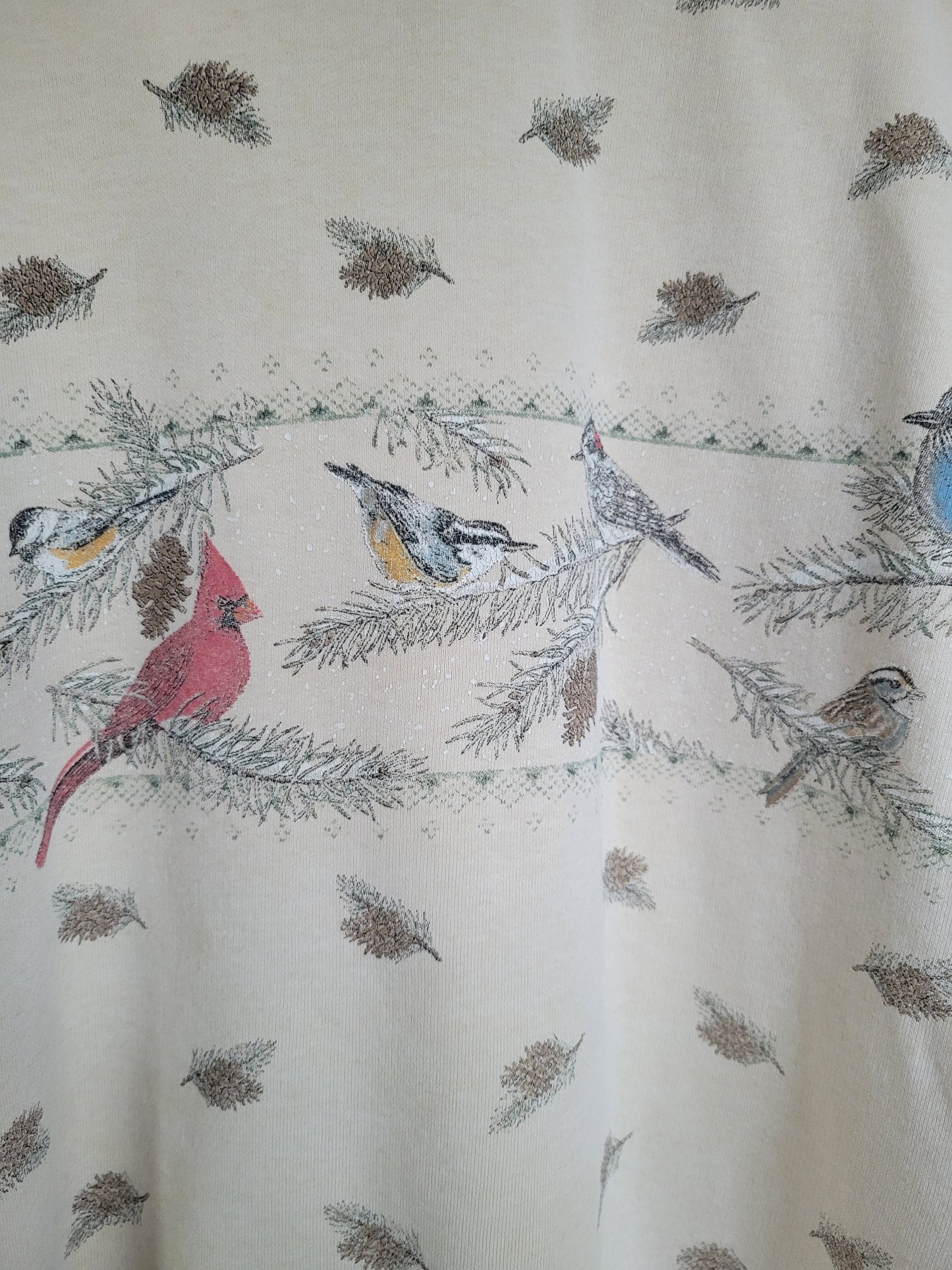 ✨ Snowy Twig Chorus - vintage light yellow crewneck sweater with birds on branches - size L
