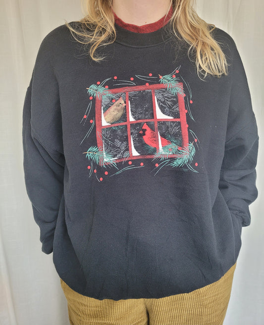 🪟 Snowy Window Watchers - vintage crewneck sweater with printed snowy image - size XL