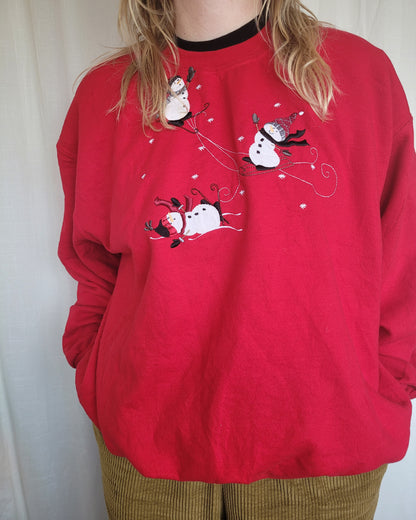🎿 Slopeside Snowday - vintage crewneck sweater with skying snowmen - size XXL/XXXL