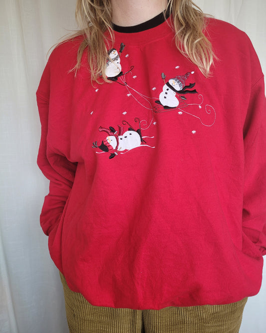 🎿 Slopeside Snowday - vintage crewneck sweater with skying snowmen - size XXL/XXXL