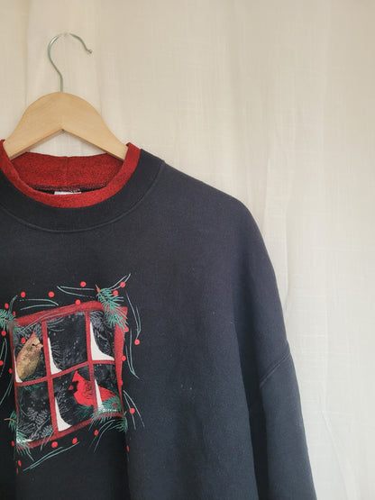 🪟 Snowy Window Watchers - vintage crewneck sweater with printed snowy image - size XL