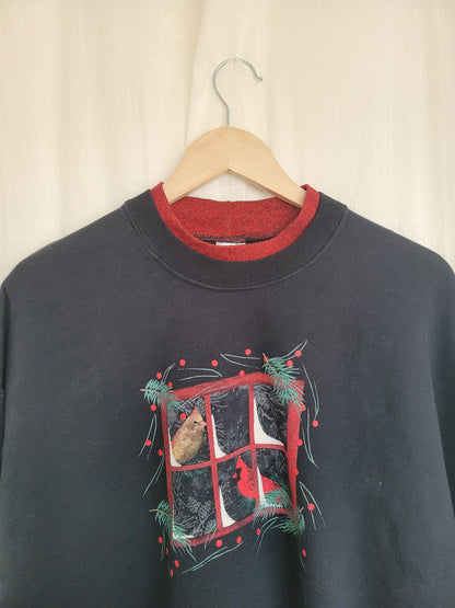 🪟 Snowy Window Watchers - vintage crewneck sweater with printed snowy image - size XL