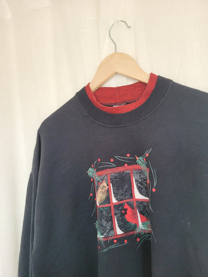 🪟 Snowy Window Watchers - vintage crewneck sweater with printed snowy image - size XL