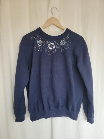 ❄️ Blue Frost Gems - vintage dark blue crewneck sweater with snowflakes - size L