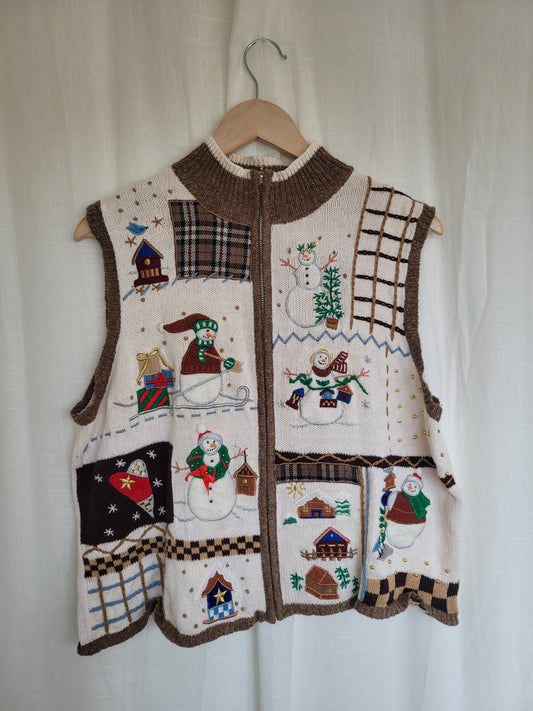 🧣 Snowfolk Stroll - vintage vest with embroidered/patchwork snowmen - size XL