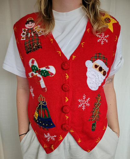 🎅 Sparkle & Santa Cheer - vintage knitted vest with beaded Christmas images - size M/L