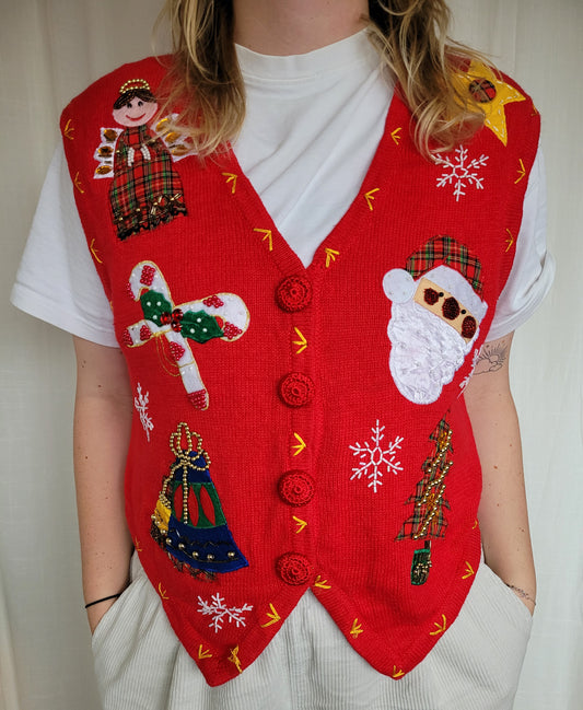 🎅 Sparkle & Santa Cheer - vintage knitted vest with beaded Christmas images - size M/L
