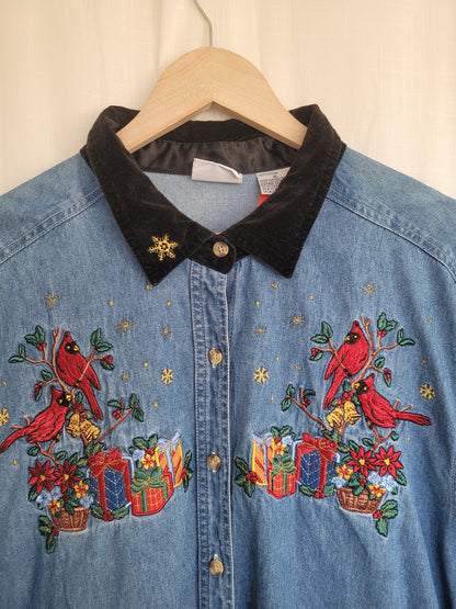 🕊️ Cardinals & Gifts - vintage denim blouse with embroidered Christmas details - size XL